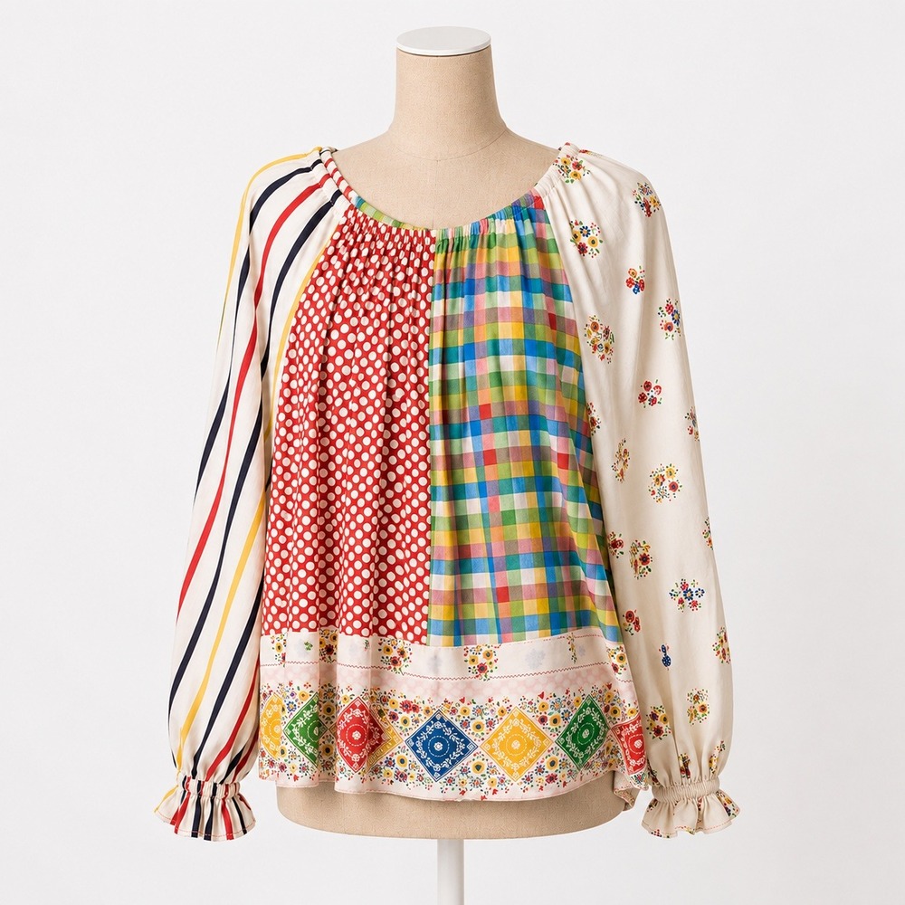 Vintage 70s Handmade Patchwork Utility Shirt Sz L Multicolor Peasant Cottagecore